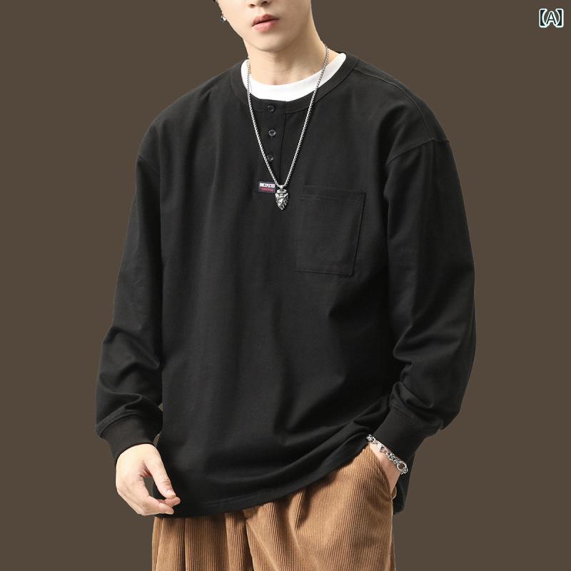 ポロシャツ 春秋 メンズ レトロ ファッション 綿 Tシャツ カジュアル 黒 レイヤリングシャツ ドロップスリーブ アメリカン 長袖 レジャー