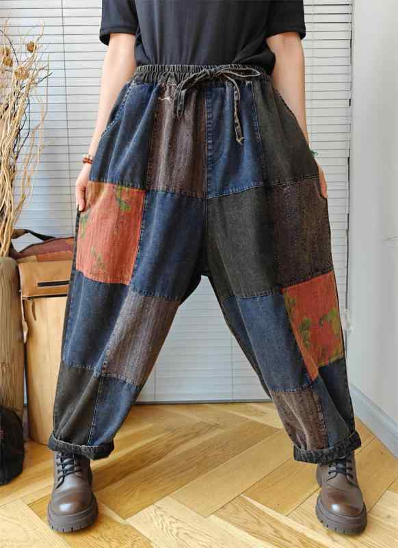 レディース ワイドレッグパンツ エスニック オーバー 花柄 パッチワーク ダメージ加工 レトロ ジーンズ 春先 ゆったり 個性 汎性高い ドローストリング ダッド パンツ