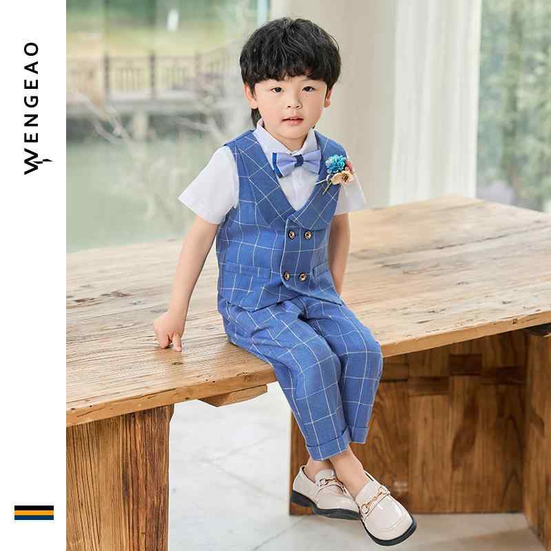 スーツ キッズ 子供 おしゃれ ファッション パーティー ドレス 男の子 春夏 幼児 セット ブルー チェック 韓国 ボーイズ 半袖 ベスト シャツ パンツ