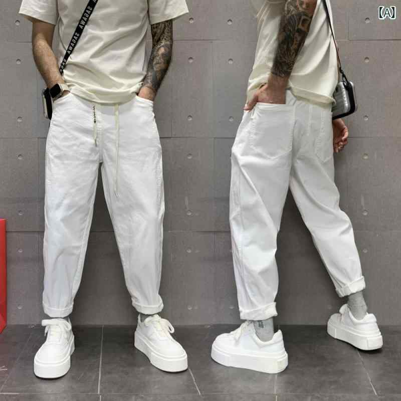 春夏 レトロ ホワイト ジーンズ メンズ 紐 ゴム ウエスト メンズ ストレート パンツ シンプル カジュアル さわやか