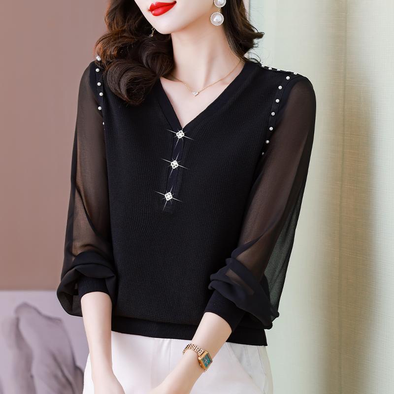 レディース ファッション ゆったり シフォン 体型カバー 長袖 ママ シャツ Vネック ビーズ トップス クラシック 春秋 シック ランタンスリーブ エレガント 上品