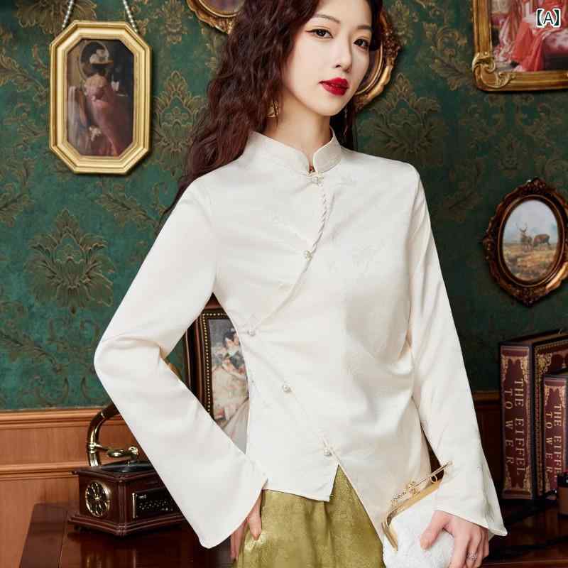 レディース トップス シャツ ブラウス レディース スタンドカラー つぎ合わせボタン ストレート 春 チャイナ風 レトロ チャイナドレス風 長袖 シングルブレスト おしゃれ