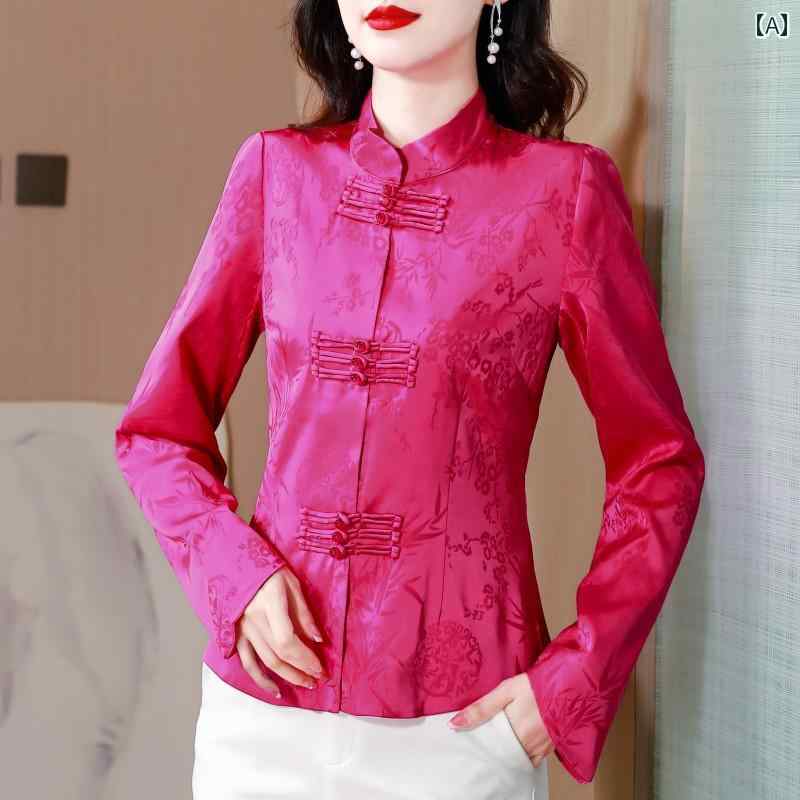レディース トップス シャツ ブラウス レディース チャイナ風 婦人服 レトロ スタンドカラー チャイナ風 プリントボタン チャイナドレス 長袖 レトロ シングルブレスト 春