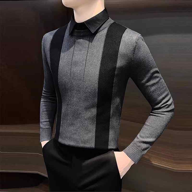 メンズ トップス スタイリッシュ 紳士服 セーター 襟付セーター フェイクセットアップ ニット スリムフィット 春秋