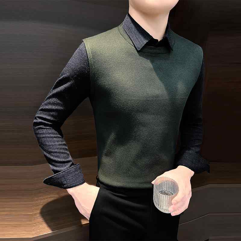 メンズ トップス スウェーター 今めかしい 今めかしい 成人男性服 スウェーター フェイクセットアップ 春 か細い相応う