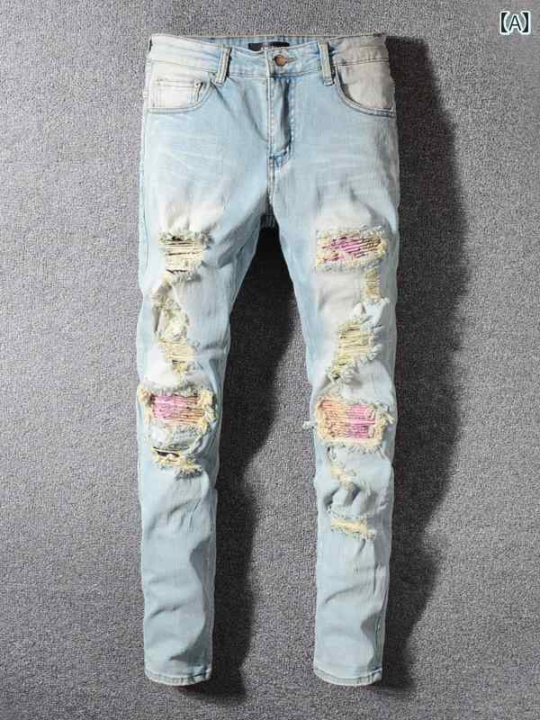 デニム パンツ ストリート ストレッチ スリム フィット ジーンズ メンズ ダメージ加工 ヘビーウォッシュ パンツ デニム ミディアムローウエスト 春 レジャー