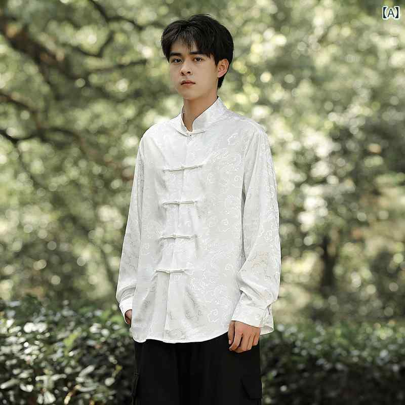 メンズ チャイナ風 ダークドラゴン ジャカード レトロ スタンドカラー 長袖 シャツ 春服 中国風 ボタン装飾 唐装 ファッション おしゃれ