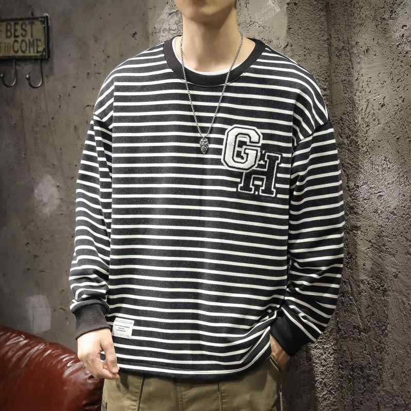 メンズ アメリカ ストリート ファッション 黒 白 ストライプ Tシャツ 男の子 春秋 大きいサイズ 長袖 ラウンドネック スウェットシャツ ボーダー ゆったり ファッション かっこいい カジュアル
