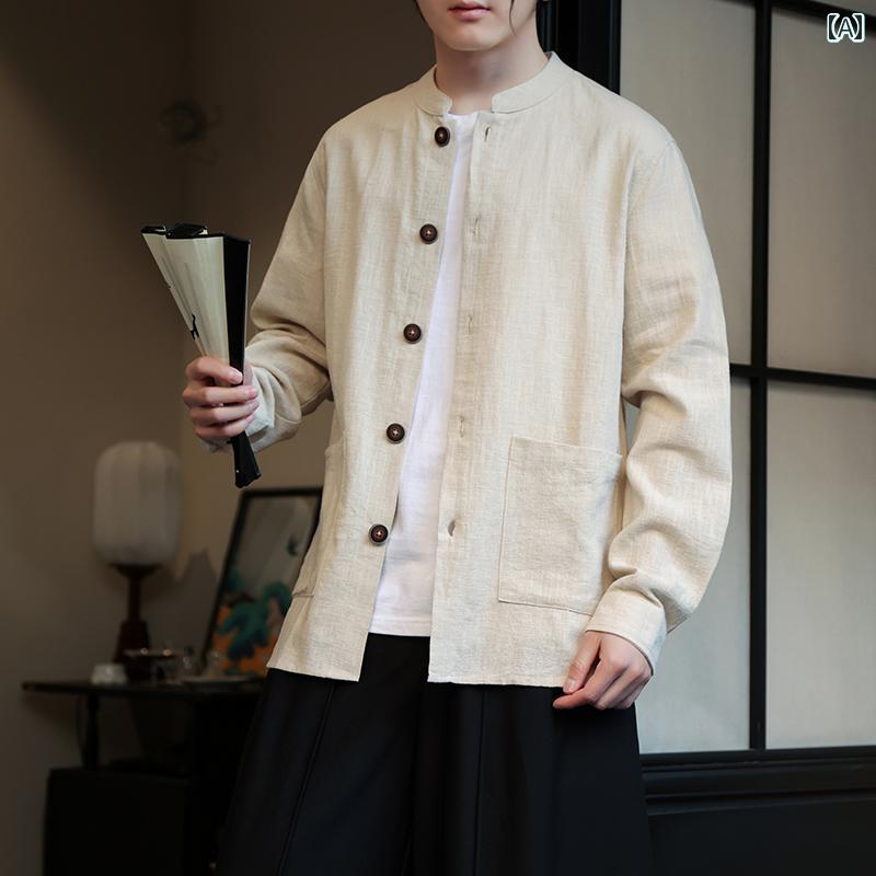 カンフー着 メンズ 太極拳 トップス チャイナ風 リネン 長袖 シャツ ジャケット レトロ 通気性 綿 漢服 中国風 吸湿性 通気性 レジャー 春 メンズ さわやか
