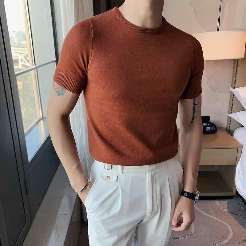 Tシャツ メンズ 春 ラウンドネック 無地 シャツ スリム 韓国 ニット 半袖 シャツ セーター スリムフィット ファッション