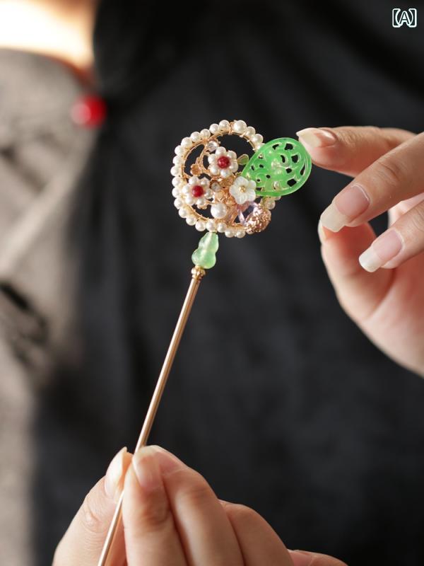 レトロ グリーン ヘアピン チャイナ風 蝶 小花 シンプル モダン デイリー スイング パール かんざし 髪飾り