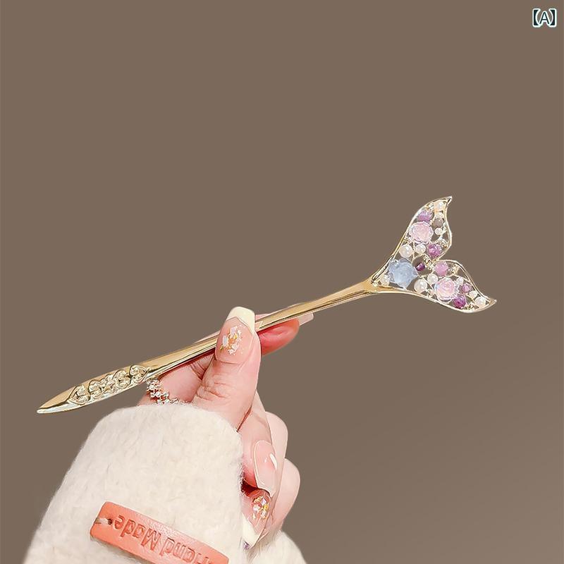 マーメイド ヘアピン チャイナ風 豪華感 アップ アクセサリー かわいい パープル ピンク かんざし｜セキュアデポ