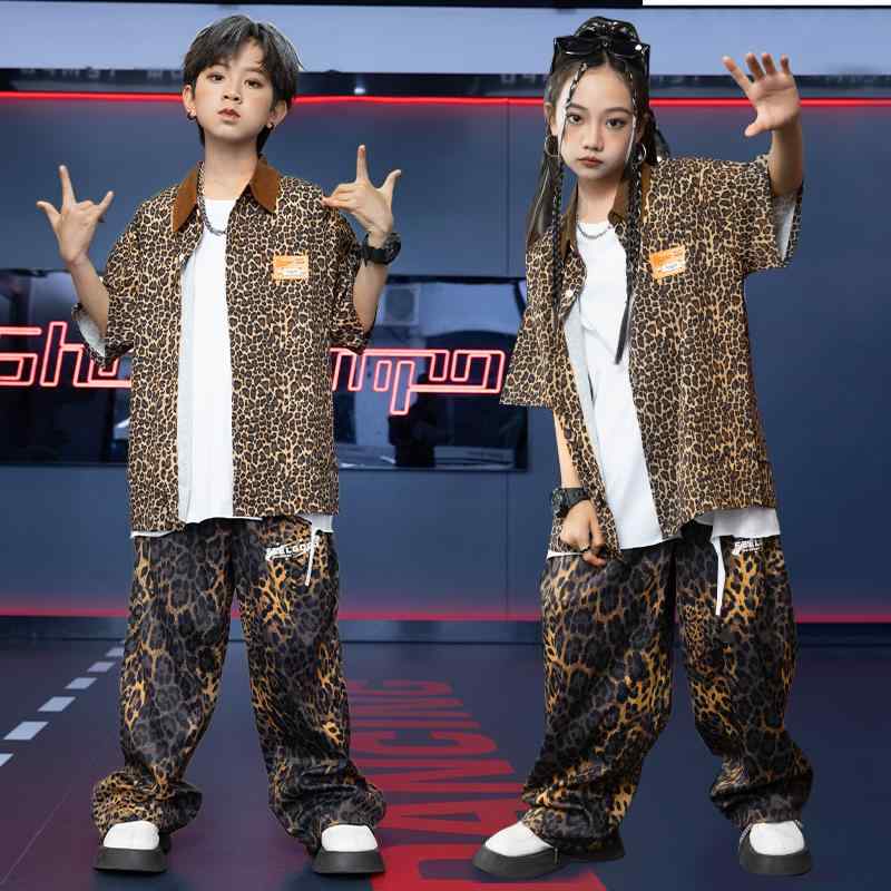 子供服 女の子 男の子 ヒョウ柄シャツ Tシャツ パンツ コスチューム バンド ダンス ヒップホップ ストリート系 パフォーマンス 衣装 クール かっこいい キッズ
