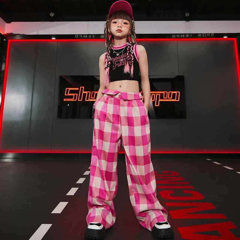 子供服 女の子 タンクトップ へそ出し チェックパンツ コスチューム バンド ダンス ヒップホップ ストリート系 パフォーマンス 衣装 クール かっこいい キッズ