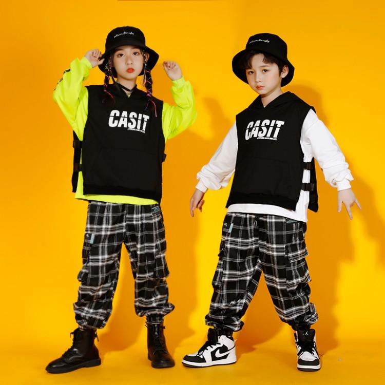 子供服 女の子 男の子 スウェットシャツ ベスト チェックパンツ コスチューム バンド ダンス ヒップホップ ストリート系 パフォーマンス 衣装 クール かっこいい キッズ