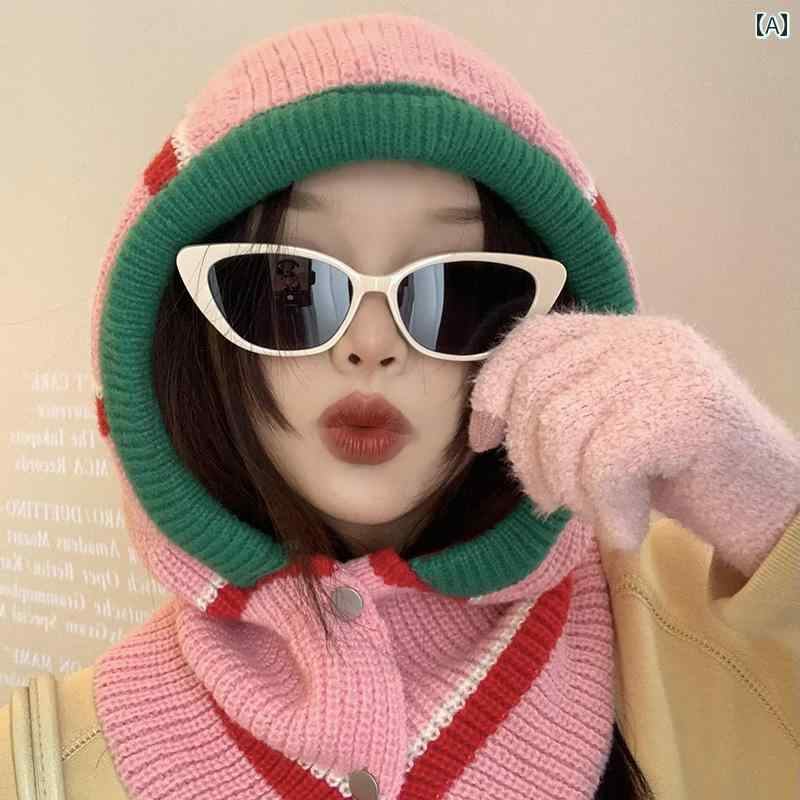 ピンク レディース 秋冬 韓国 ニット 暖かい 帽子 スカーフ ウール ファッション カジュアル 耳保護 小顔効果 フリーサイズ ティーンエイジャー