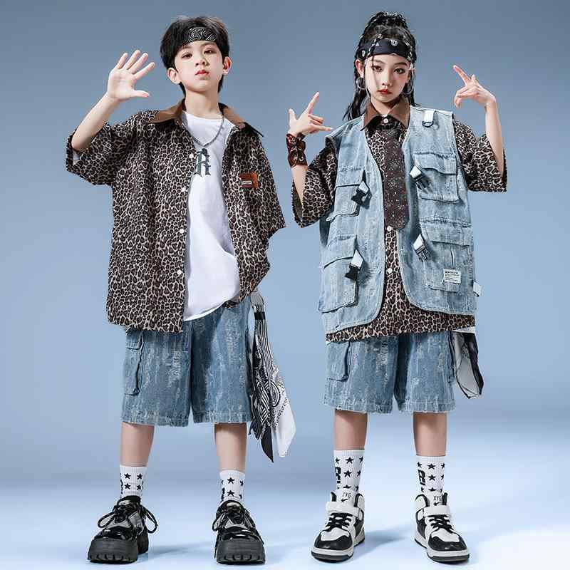 子供服 女の子 男の子 ヒョウ柄シャツ ベスト デニムパンツ コスチューム バンド ダンス ヒップホップ ストリート系 パフォーマンス 衣装 クール かっこいい キッズ