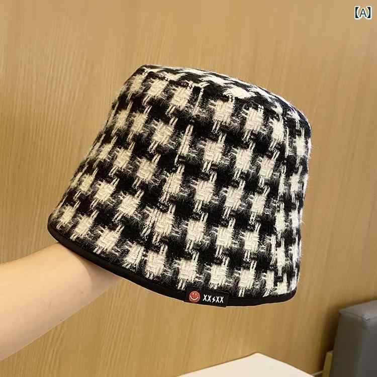 帽子 レディース 秋冬 ファッション 暖かい バケット ハット 折りたたみ チェック レトロ