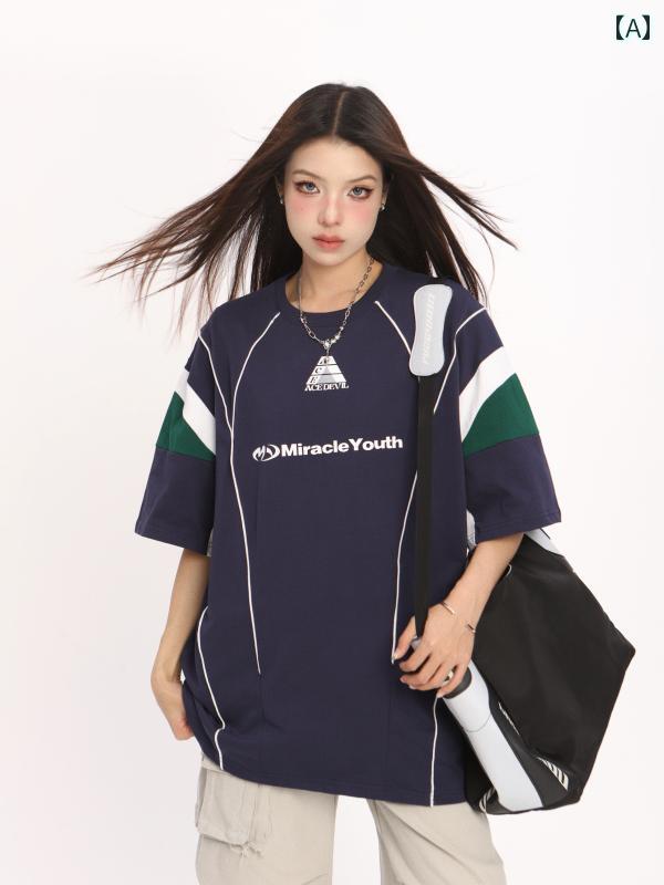 カジュアル アメリカン レディース 半袖 夏 ストリート ラウンドネック オーバーサイズ スポーティー アウトドア コーディネート トップス Tシャツ