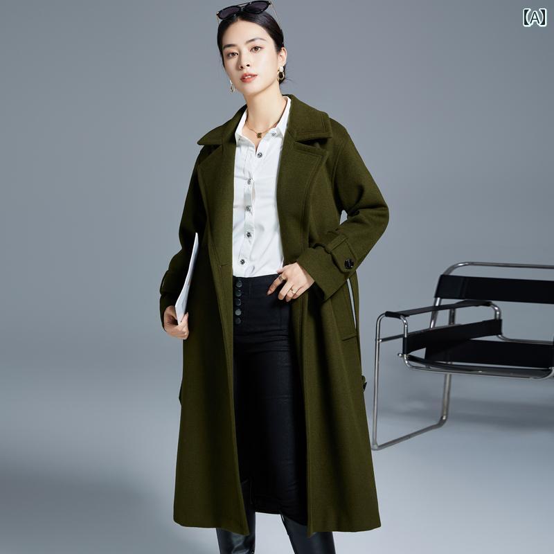 トレンチコート レディース アウター ビジネスカジュアル 通勤 ロング ウール ポリエステル 冬 ストレート ミディアム丈 膝上 ゆったりフィット 保温 ベルト 上品 エレガント スタイリッシュ ヴィンテージ風 モード|セキュアデポ