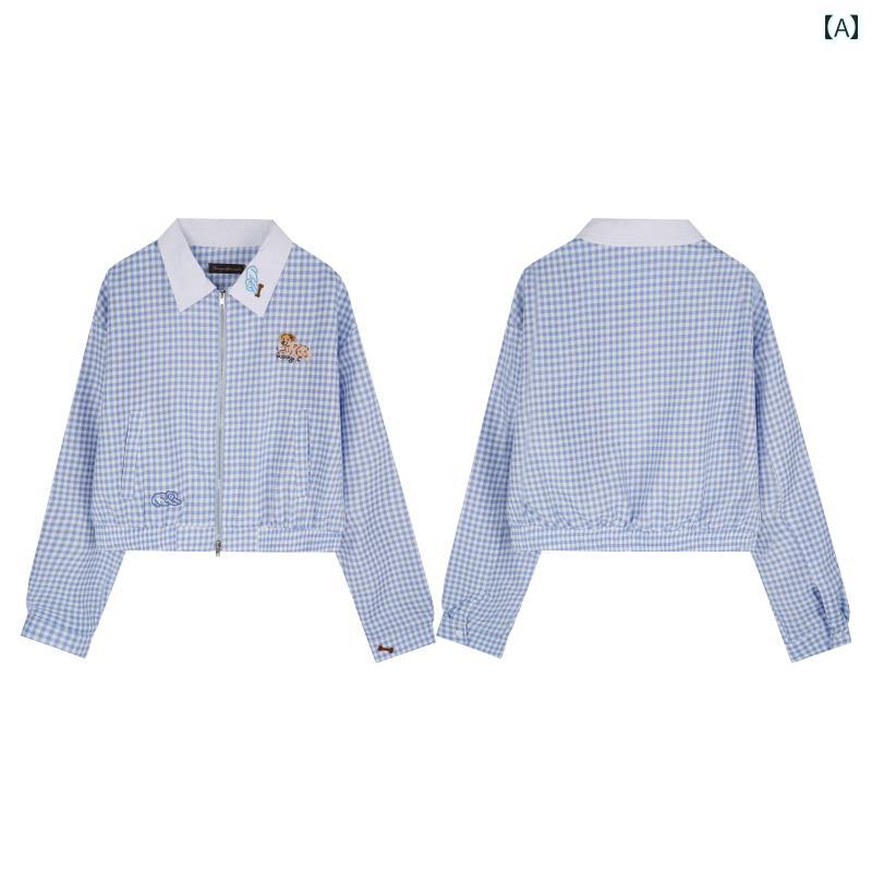 トップス レディース ジャケット スカート チェック ブルー かわいい セットアップ 長袖 秋 ジッパー ポロ襟 ポケット 刺繍 韓国ファッション デートコーデ カジュアル