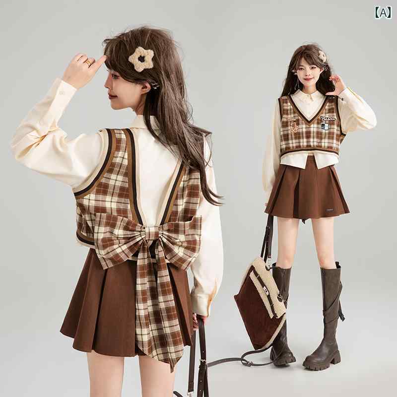 レディース 女の子 ガール アメリカン レトロ フェイク セットアップ シャツ レディース 秋 長袖 カレッジ トップス チェック キュート
