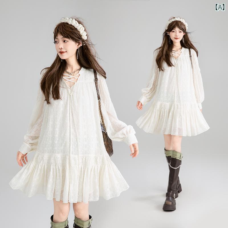 レディース 秋冬 レイヤード フレンチ ガーゼ 白 ワンピース ストラップ Vネック 着痩せ スカート フェミニン かわいい