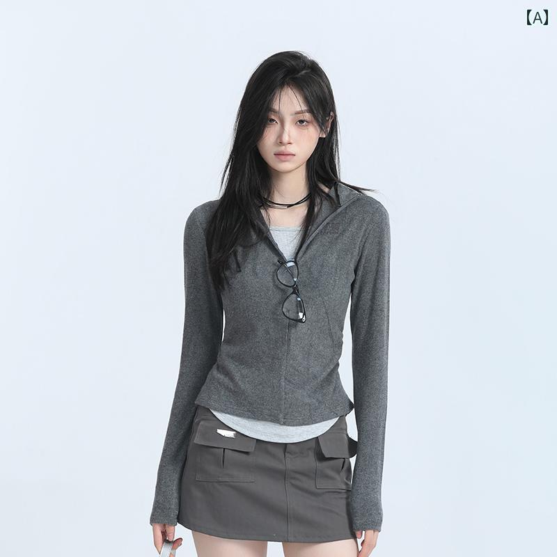 レディース トップス 秋 レディース フェイク セットアップ 長袖 Tシャツ スリムフィット カジュアル ハイウエスト ショルダー シャツ