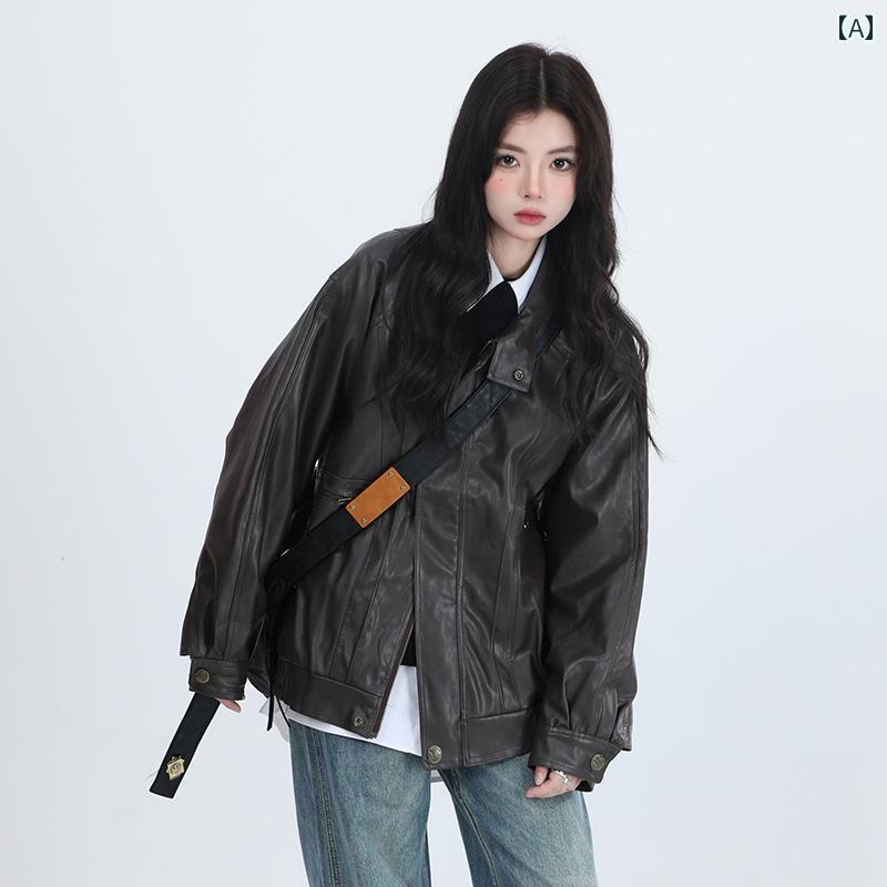なめし革上衣 韓国 心地好い トップス ＰＵ 表どおり ファスナー 春 長袖 革 衣嚢 専売特許 レトロ 流行り物 座標 厚地の外套大きさ
