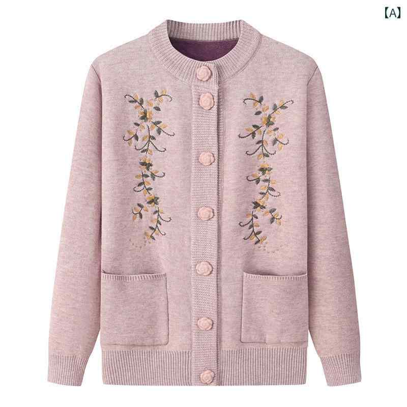 カーディガン 春秋冬 おばあちゃん セーター レディース 厚手 ニット シニア ファッション 大きめサイズ トップス ラウンドネック カジュアル