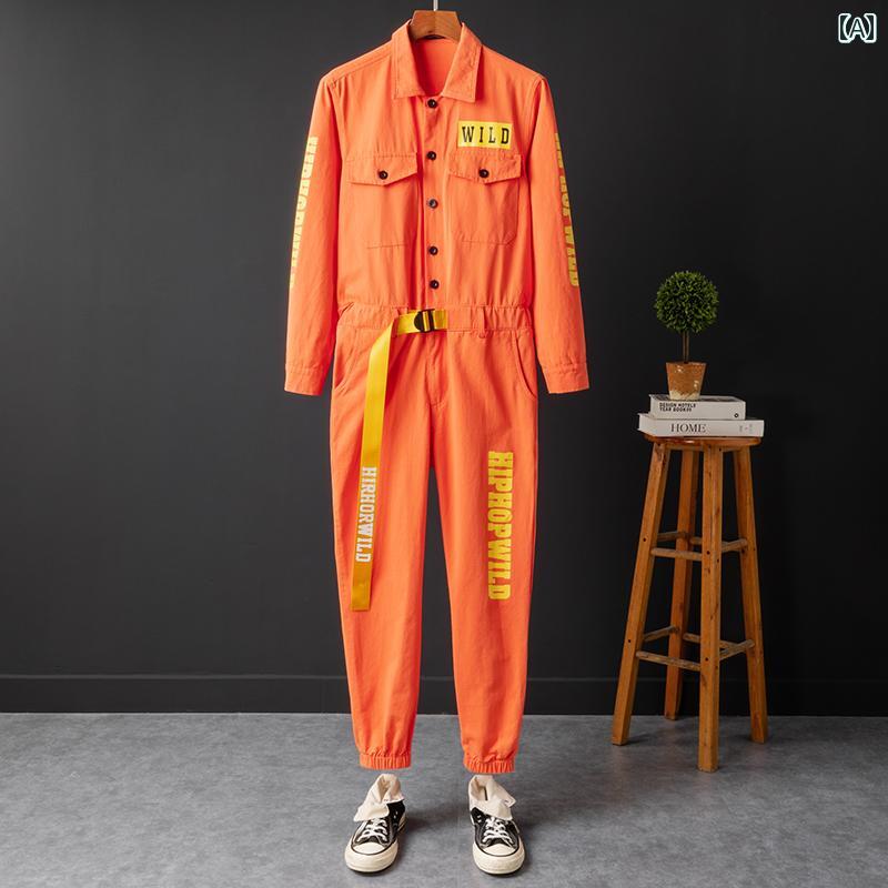 メンズ レディース つなぎ ヒップ ホップ パフォーマンス 服 ジャンプ スーツ 春秋 プリント ワンピース 作業着|セキュアデポ