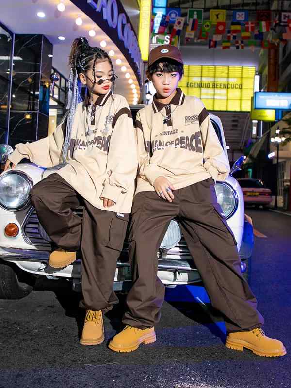 子供服 ダンス キッズ 衣装 ヒップホップ ジャズダンス セットアップ 春秋 女の子 ボーイズ ポロ襟 半袖 長袖 ストリート パフォーマンス ワイドフィット 茶