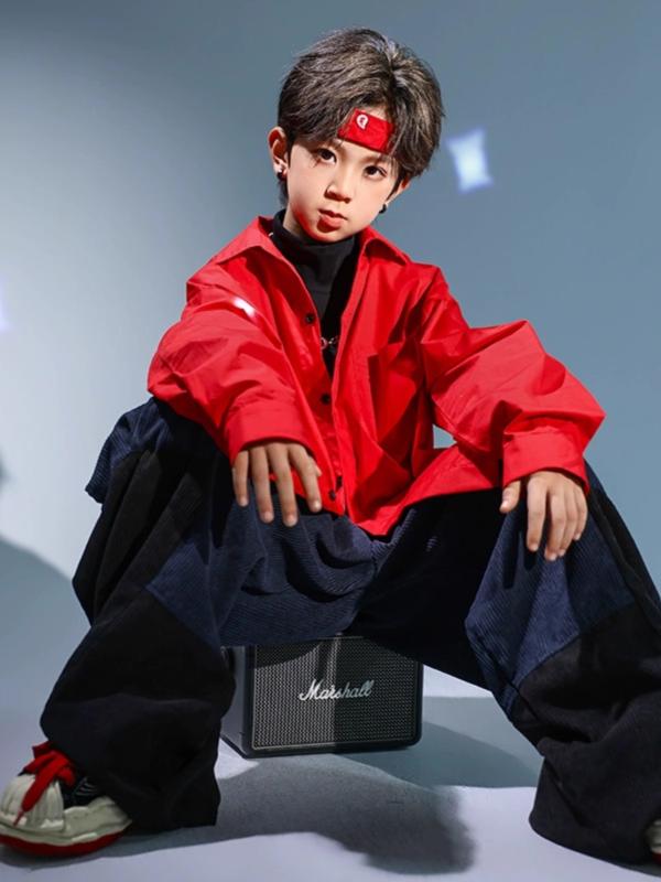 子供服 ダンス キッズ 衣装 ヒップホップ ジャズダンス セットアップ 春秋 女の子 ボーイズ ストリート パフォーマンス ワイドフィット 赤Yシャツ クール ポップ