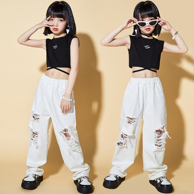 子供服 女の子 Tシャツ タンクトップ へそ出し ダメージ加工パンツ 夏 コスチューム バンド ダンス ヒップホップ ストリート系 パフォーマンス 衣装 セットアップ クール かっこいい キッズ