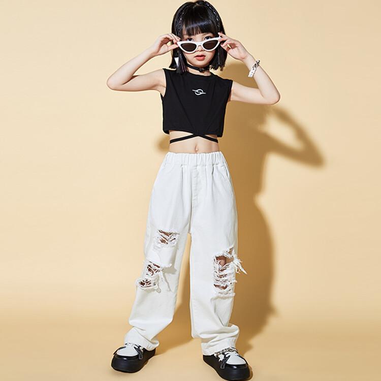 子供服 女の子 Tシャツ タンクトップ へそ出し ダメージパンツ コスチューム バンド ダンス ヒップホップ ストリート系 パフォーマンス 衣装 セットアップ クール かっこいい キッズ