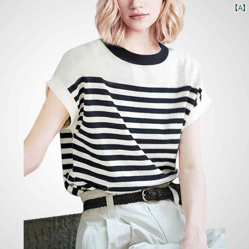 レディース ファッション トップス シャツ クラシック レトロ シック ストライプ Tシャツ シンプル 快適コーデ 夏 半袖 トップ