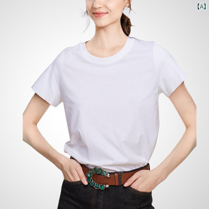 レディース ファッション トップス シャツ 夏 綿 ラウンドネック 白 Tシャツ シンプル トップ 半袖 スリム