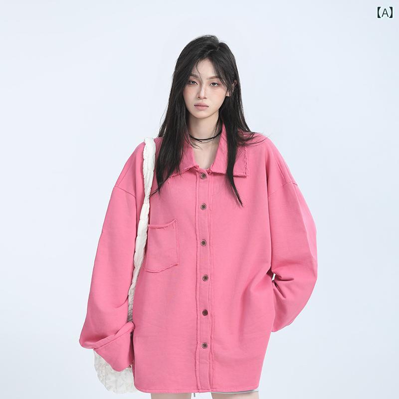 レディース トップス おしゃれ 大きめサイズ 女の子 秋 レトロ ピンク シャツ レディース ダメージ加工 オーバーサイズ オシャレ ローエッジ カジュアル シャツ