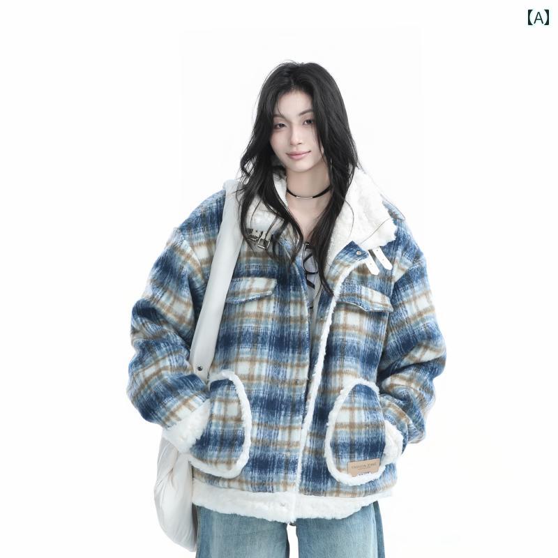 アウター ジャケット カジュアル おしゃれ 女の子 冬 厚手 綿 ジャケット レディース ボリューム アメリカン レトロ チェック スタイリッシュ ウール|セキュアデポ