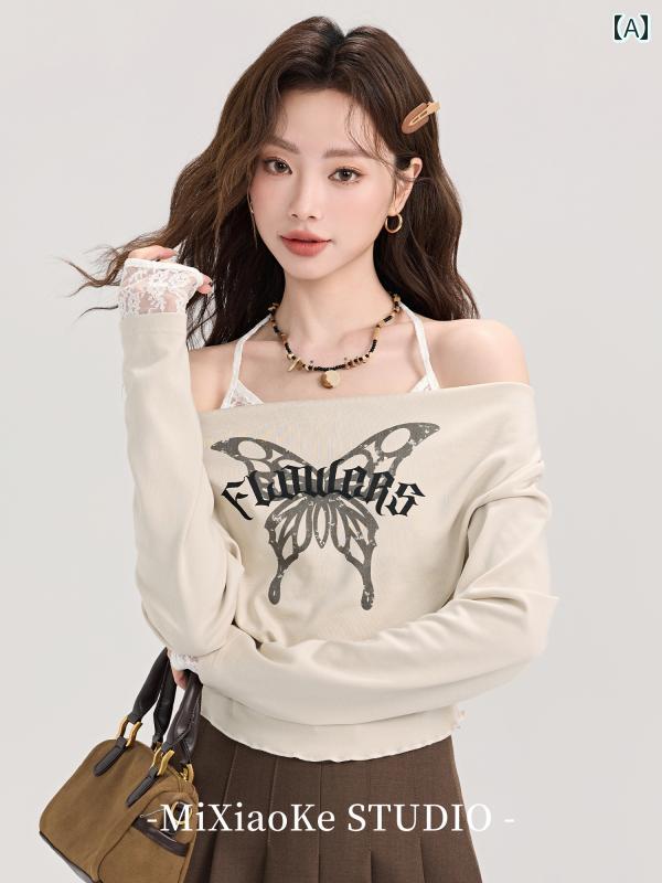 魅惑 バタフライ プリント 長袖 Tシャツ レディース ファッション 秋冬 ユニーク トップス 森ガール カジュアル