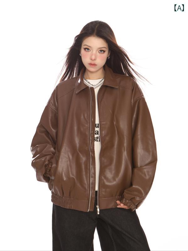 ジャケット レザー レディース 女の子 アウター PU ストレート 冬 長袖 ジッパー クール ポケット シンプル 暖かい 革 ファッション