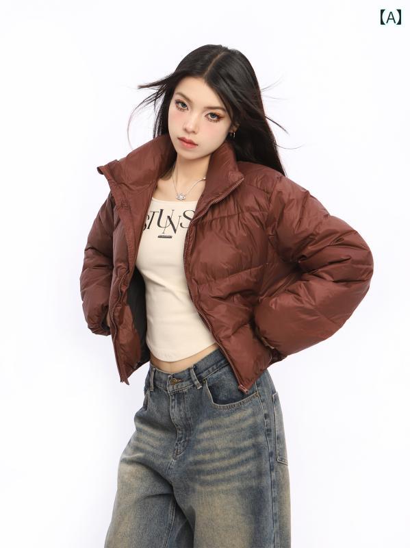 ショート ジャケット 厚手 レディース ハイネック 冬 韓国 ファッション 暖かい 防寒 ダウン アウター シンプル ポケット カジュアル アウトドア|セキュアデポ