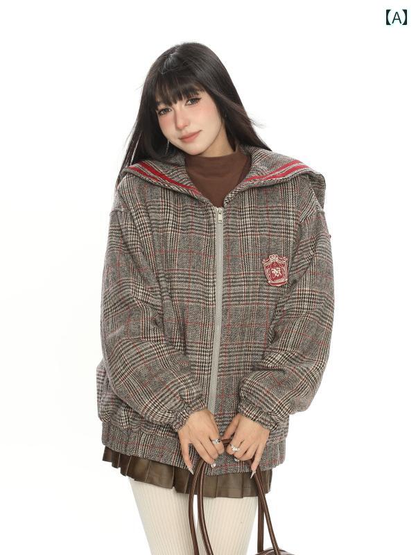 ジャケット アメリカン チェック レディース ポケット ストリート 厚手 暖かい 冬 長袖 ジッパー かわいい ガーリー ファッション コーデ