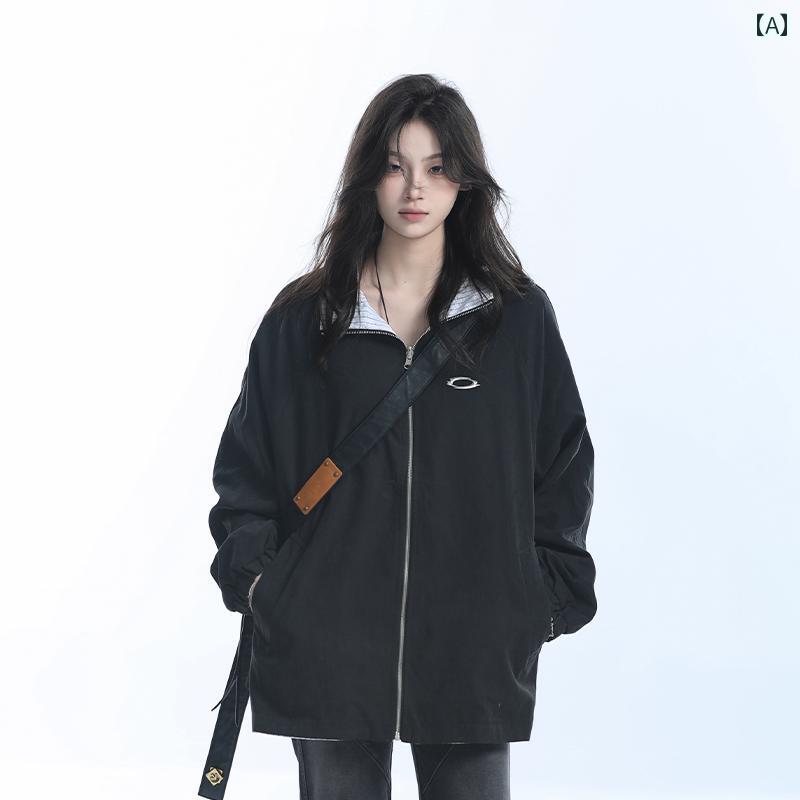 アウター ジャケット カジュアル おしゃれ 女の子 アメリカン レトロ リバーシブル スタジャン レディース 秋 ニュートラル ジッパー ストライプ シンプル ジャケット｜セキュアデポ
