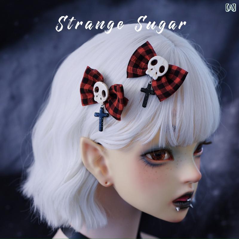 ヘアアクセサリー 装飾品 セット 小さめ スカル シリーズ ヘアピン サメ クリップ サブカルチャー ダーク ブラック ハロウィン ナイト コスプレ 衣装 赤 黒 チェック ホラー ゴシック 闇 仮装