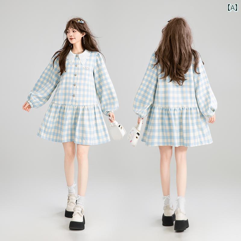 レディース ファッション スカイブルー チェック ミニワンピース 秋冬 フレンチ ゆったり Aライン スカート 長袖 パフスリーブ｜セキュアデポ