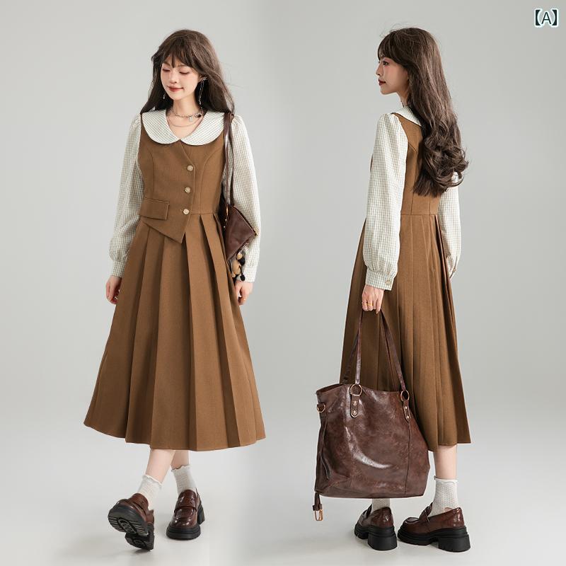 女の子 ファッション フレンチ ドール カラー ワンピース 秋 フェイク セットアップ 長袖 プリーツ スカート ブラウン レディース 7,182円