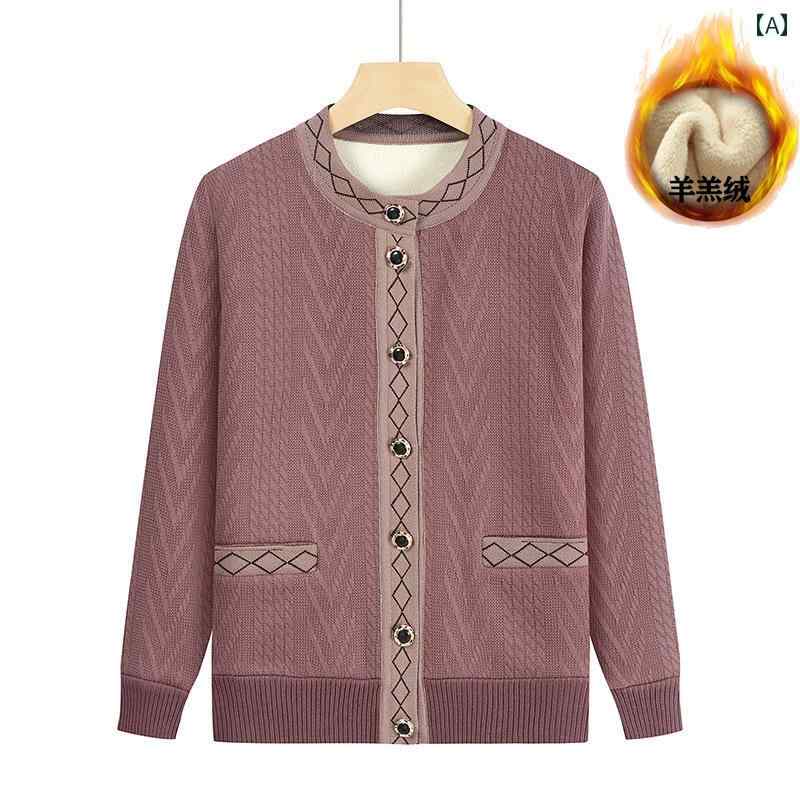 婦人服 ニット カーディガン セーター 秋冬 ショート トップス レディース シニア ファッション 大きめサイズ ゆったり 厚手 ポケット カジュアル