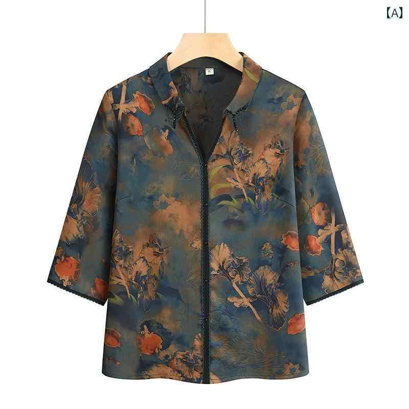 婦人服 夏 Vネック 半袖 Tシャツ トップス ファッション おばあちゃん カジュアル チャイナ風 シニア レディース ファッション ゆったり 薄手 プルオーバー 大きめサイズ