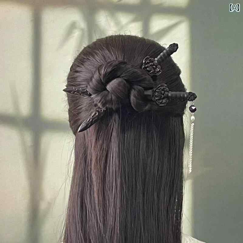 かんざし ヘアピン 髪飾り 一本 刺し 剣 舞 チャイナ レトロ 刃 レトロ 置物 インテリア 小物 髪刺し 髪留め レディース デイリー ヘア アクセサリー 黒 木 ウッド クール 中華